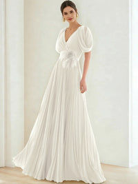 A-Line/Princess Chiffon Evening Dresses with Feather V-Neck Short Sleeves Formal Pleated Dress