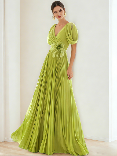 A-Line/Princess Chiffon Evening Dresses with Feather V-Neck Short Sleeves Formal Pleated Dress