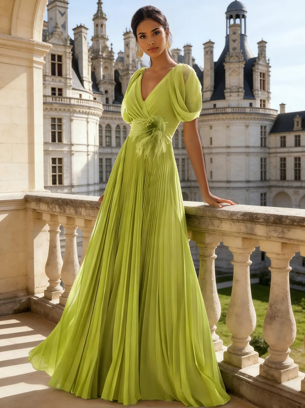 A-Line/Princess Chiffon Evening Dresses with Feather V-Neck Short Sleeves Formal Pleated Dress