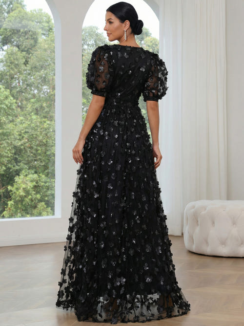 A-Line/Princess V-Neck Half Sleeves Chiffon Evening Dresses with Floral Embroidery