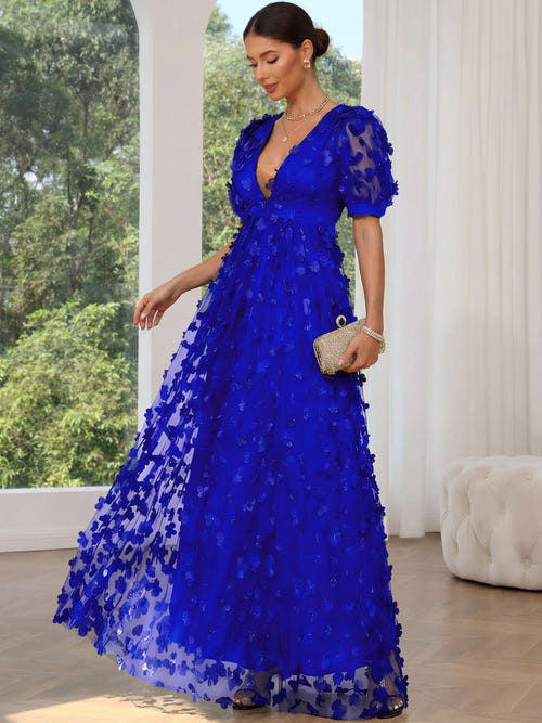 A-Line/Princess V-Neck Half Sleeves Chiffon Evening Dresses with Floral Embroidery