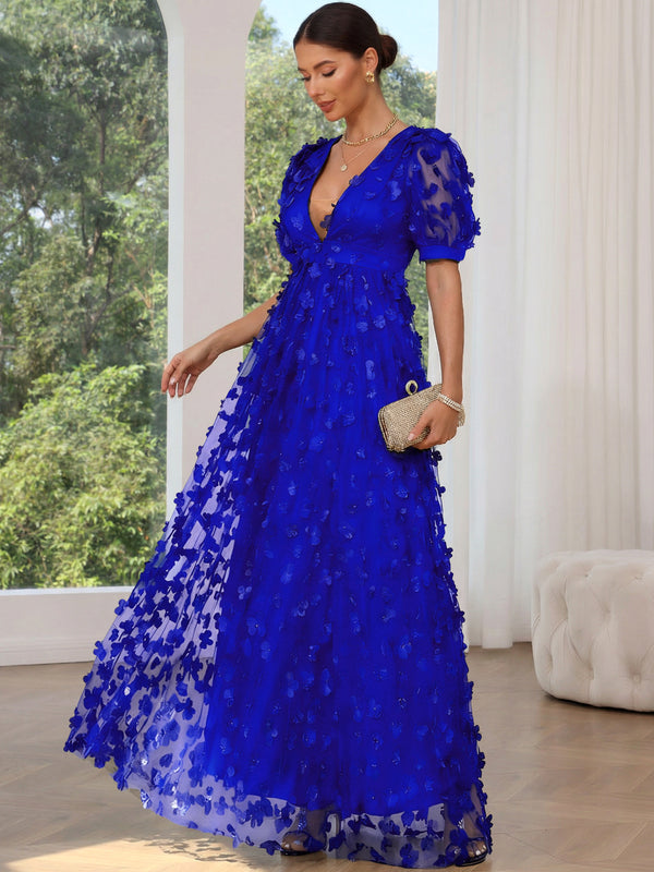 A-Line/Princess V-Neck Half Sleeves Chiffon Evening Dresses with Floral Embroidery