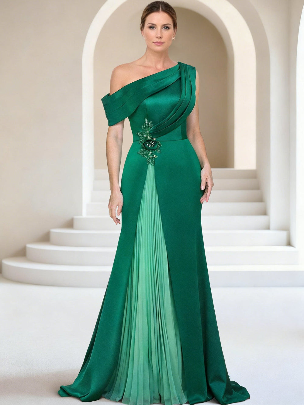 Trumpet/Mermaid Mother Of The Bride Dress One-Shoulder Short Sleeves Evening Dresses with Ruffles & Appliques