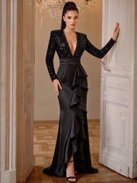 Sheath/Column V-Neck Long Sleeves Asymmetrical Elegant Evening Dresses with Sequins & Ruffles