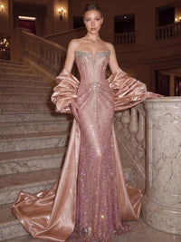 Mermaid / Trumpet Evening Gown Rose Gold Shimmer Crystal Beaded Prom Dress with Detachable Statement Satin Sleeves & Train