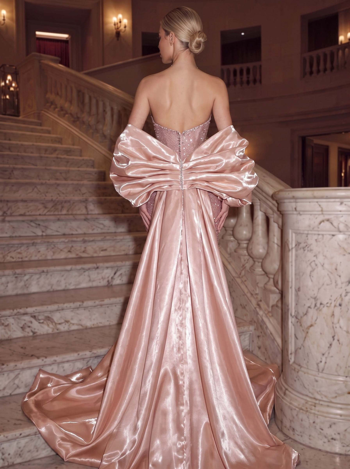 Mermaid / Trumpet Evening Gown Rose Gold Shimmer Crystal Beaded Prom Dress with Detachable Statement Satin Sleeves & Train