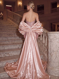 Mermaid / Trumpet Evening Gown Rose Gold Shimmer Crystal Beaded Prom Dress with Detachable Statement Satin Sleeves & Train