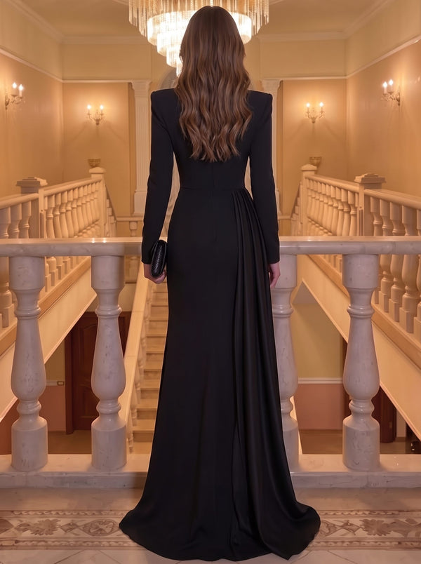 A-Line Evening Dress Satin V Neck Long Sleeves Floor Length Black Formal Wedding Guest Dress With Side Drape