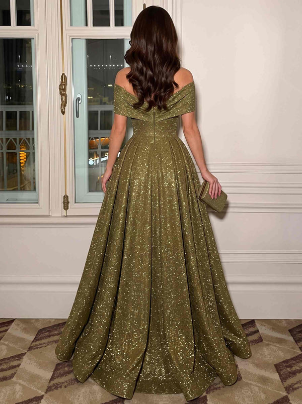 A-Line Evening Dresses Olive Green Wedding Guest Floor Length Lurex Sparkle & Shine Formal Dress With High Slit