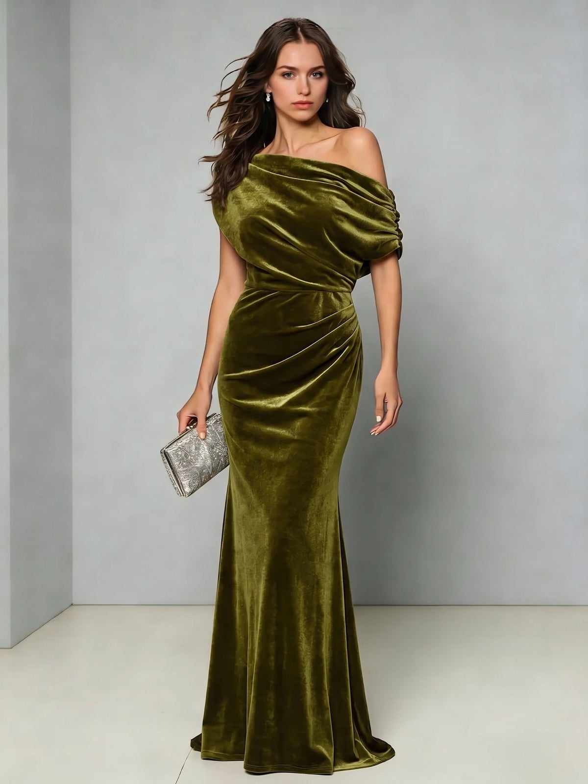 Sheath Evening Gown Elegant Dress Formal Wedding Floor Length Sleeveless Runched One Shoulder Velvet Christmas Dress