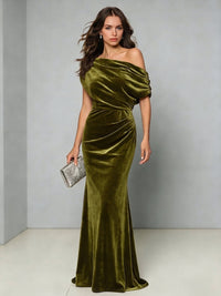 Sheath Evening Gown Elegant Dress Formal Wedding Floor Length Sleeveless Runched One Shoulder Velvet Christmas Dress