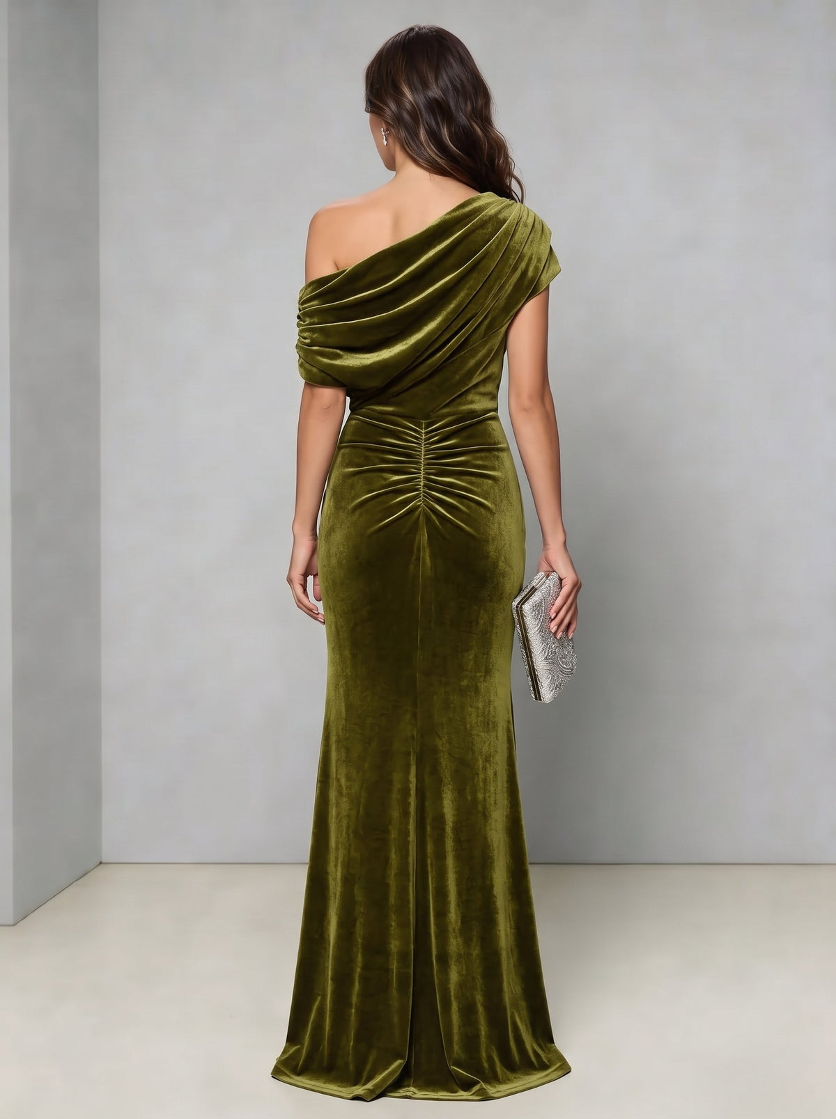 Sheath Evening Gown Elegant Dress Formal Wedding Floor Length Sleeveless Runched One Shoulder Velvet Christmas Dress