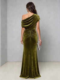 Sheath Evening Gown Elegant Dress Formal Wedding Floor Length Sleeveless Runched One Shoulder Velvet Christmas Dress