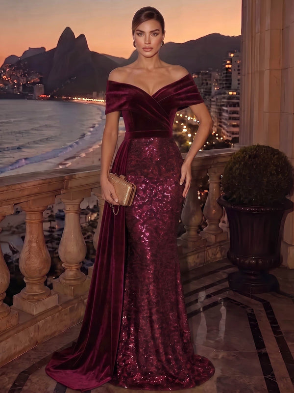 Mermaid Evening Gown Elegant Dress Formal Wedding Floor Length Sleeveless Sequins Off The Shoulder Velvet Christmas Dress