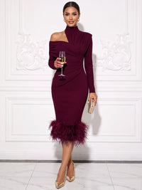 Mermaid Cokctail Dresses Ankle-Length Halter Neck Long Sleeves Runched Formal Dresses Wedding Guest With Feather