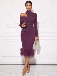 Mermaid Cokctail Dresses Ankle-Length Halter Neck Long Sleeves Runched Formal Dresses Wedding Guest With Feather