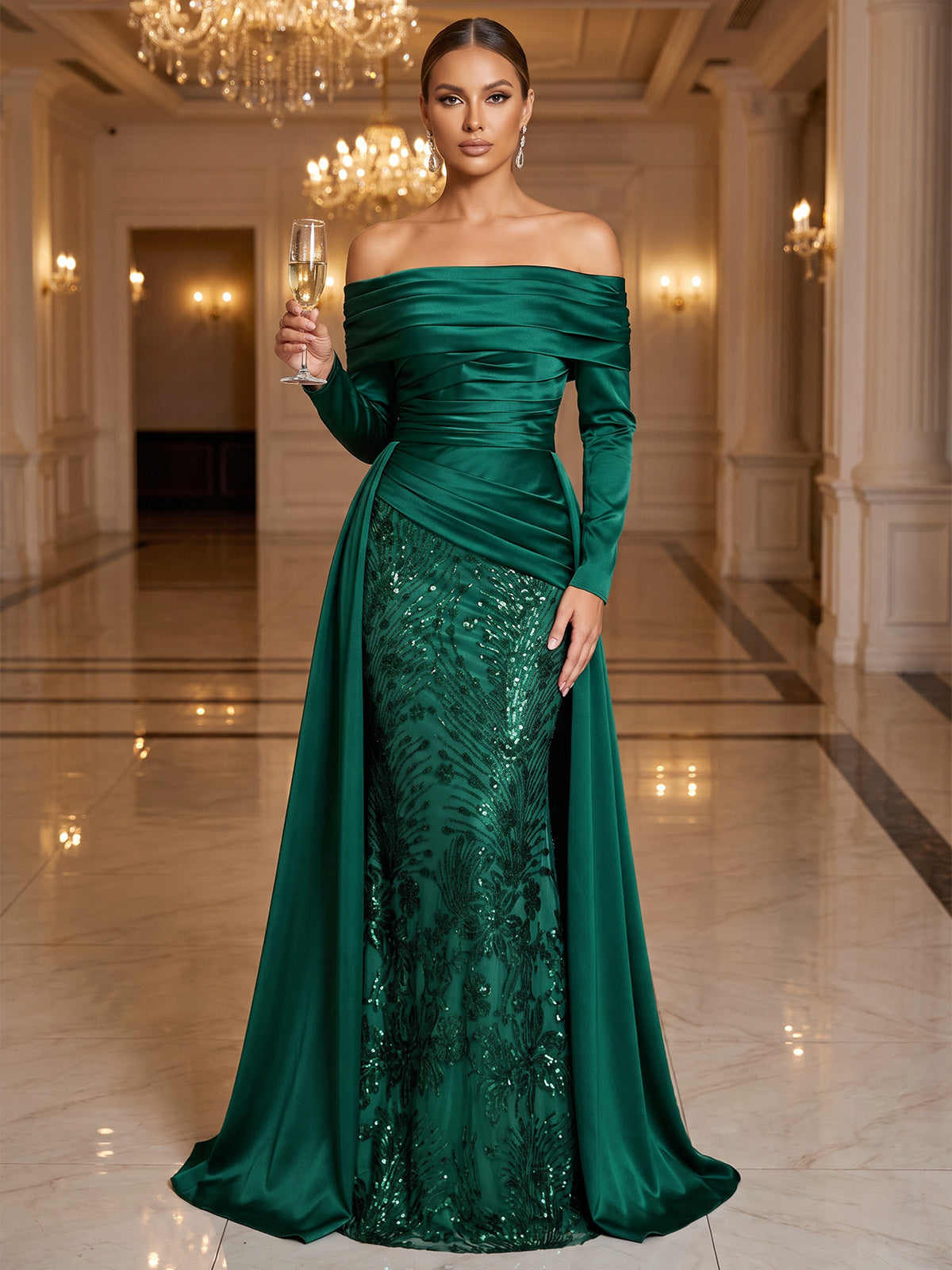 A-Line Evening Dresses Formal Sequins Satin Off-The-Shoulder Long Sleeves Floor-Length Runched With Overskirt