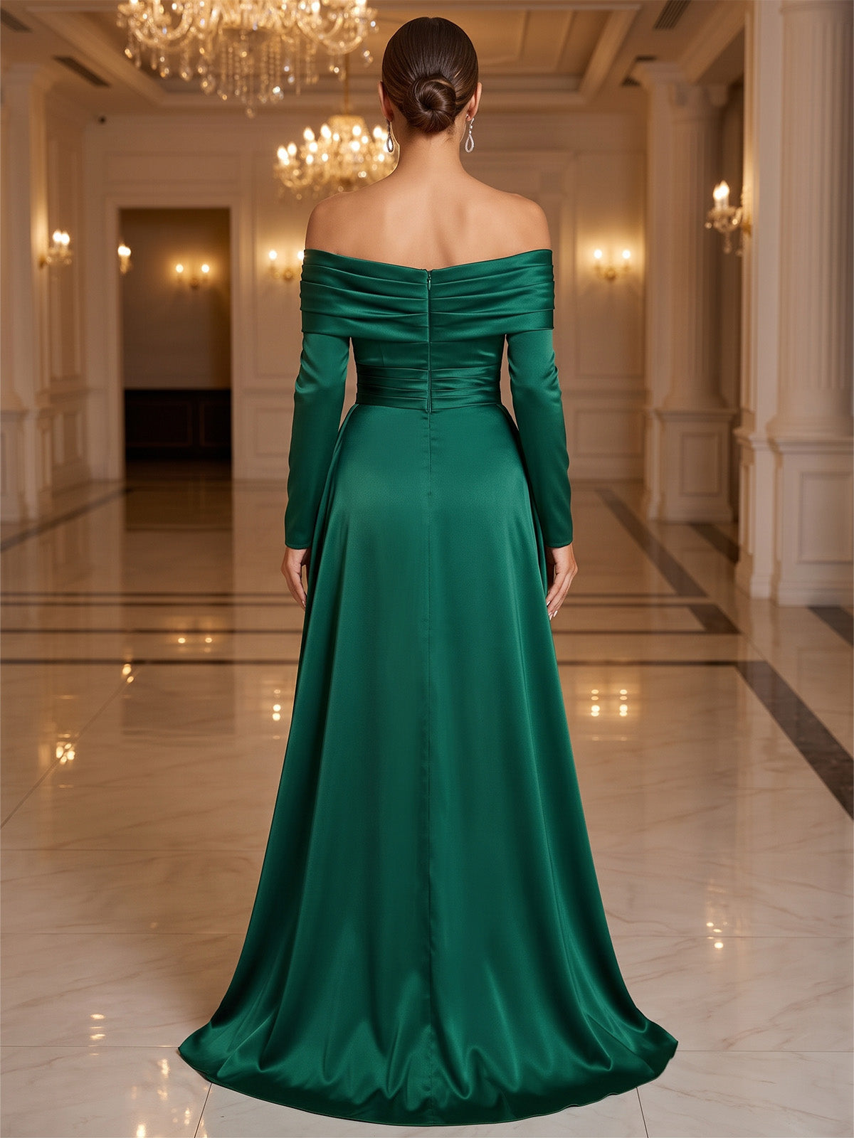 A-Line Evening Dresses Formal Sequins Satin Off-The-Shoulder Long Sleeves Floor-Length Runched With Overskirt