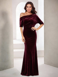 Sheath Evening Gown Mother Of The Bride Dress Elegant Formal Wedding Floor Length Short Sleeves Burgundy One Shoulder Velvet Christmas Dress