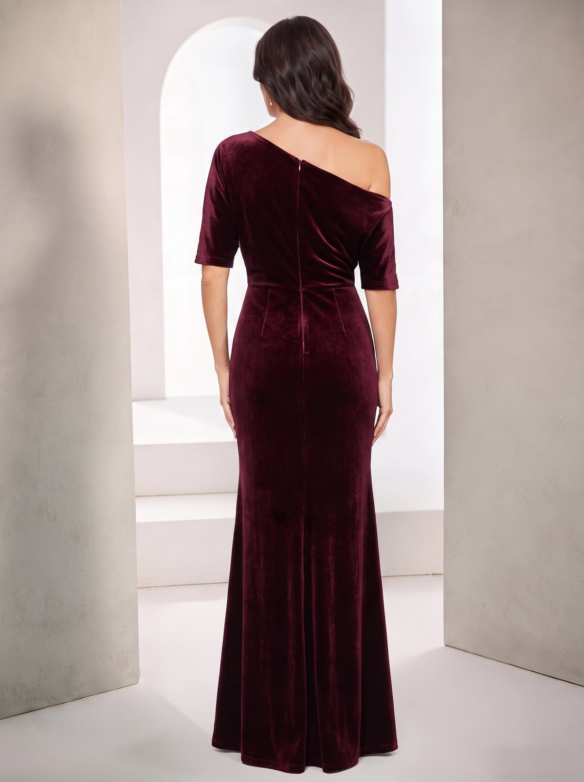 Sheath Evening Gown Mother Of The Bride Dress Elegant Formal Wedding Floor Length Short Sleeves Burgundy One Shoulder Velvet Christmas Dress