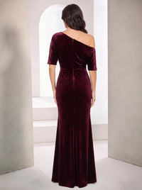 Sheath Evening Gown Mother Of The Bride Dress Elegant Formal Wedding Floor Length Short Sleeves Burgundy One Shoulder Velvet Christmas Dress