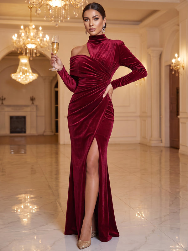 Sheath Velvet Evening Dress Floor Length Halter Neck Burgundy Long Sleeves Elegant Formal Wedding Guest Dress With High Slit
