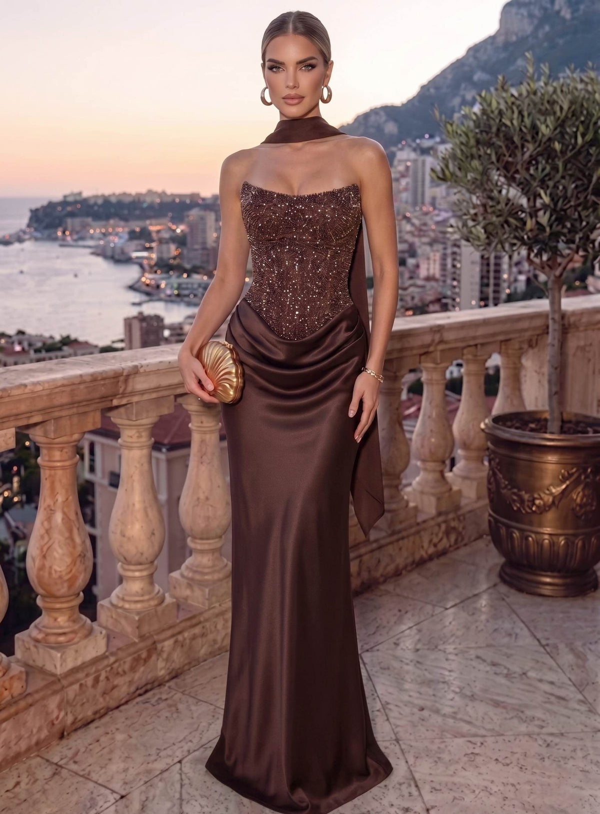Sheath/Column Evening Dresses Sequins Strapless Floor-Length Formal Dress Wedding Guest With Scarf