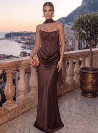 Sheath/Column Evening Dresses Sequins Strapless Floor-Length Formal Dress Wedding Guest With Scarf