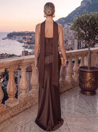Sheath/Column Evening Dresses Sequins Strapless Floor-Length Formal Dress Wedding Guest With Scarf