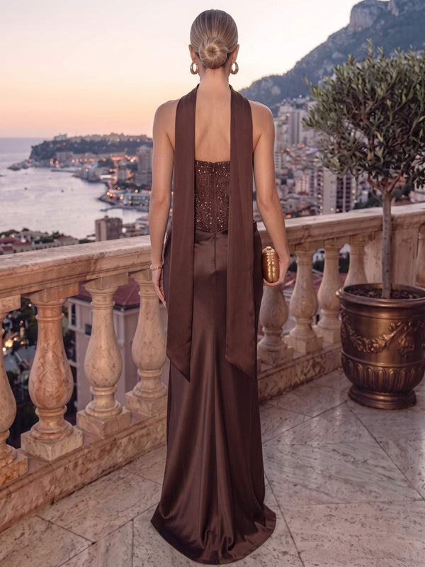 Sheath/Column Evening Dresses Sequins Strapless Floor-Length Formal Dress Wedding Guest With Scarf