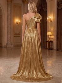 A-Line/Princess Evening Gown Luxury One Shoulder Sleeveless Floor Length Formal Metallic Gold Runched Evening Dresses With High Slit Overskirt Bow