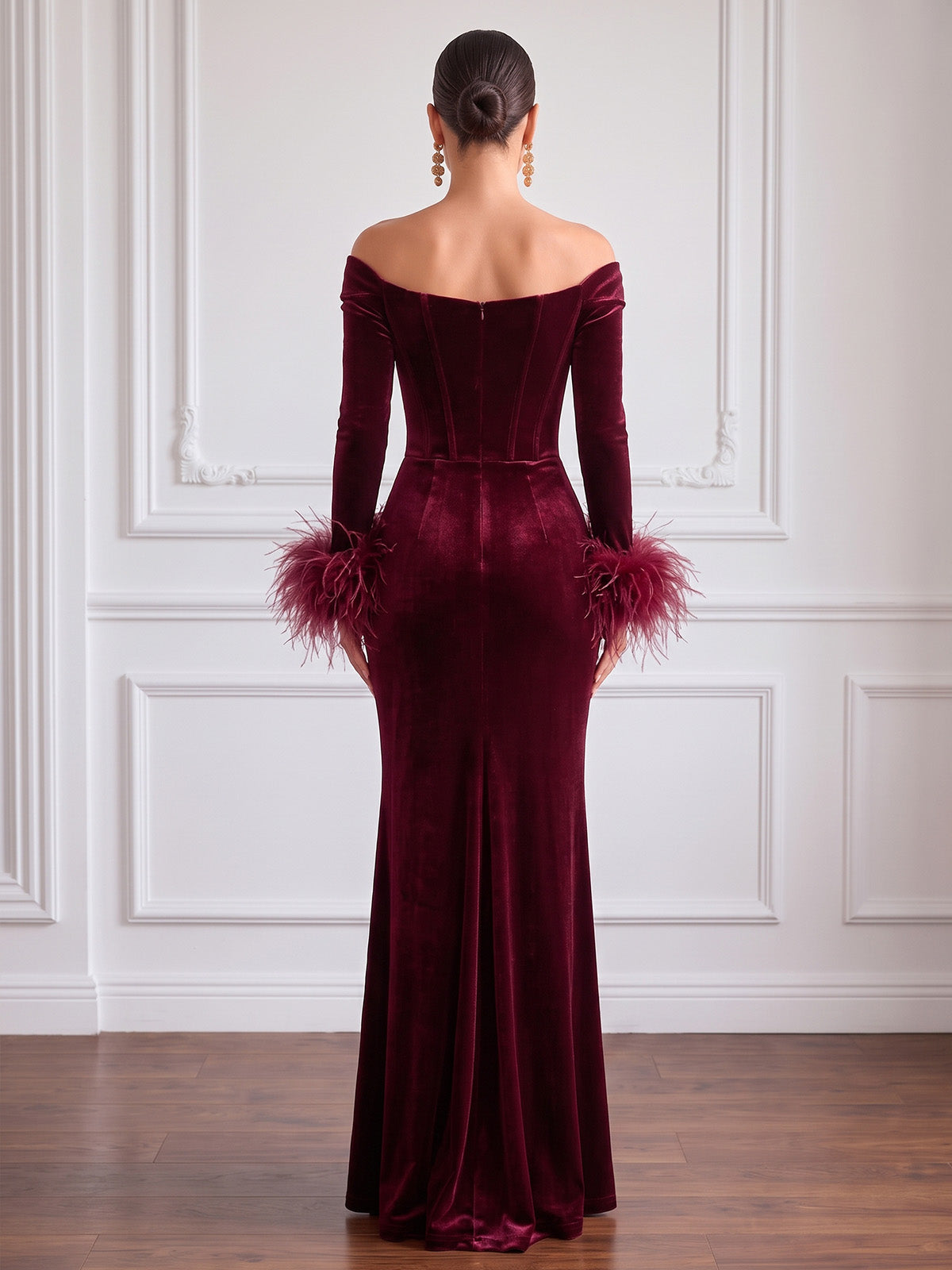 Sheath Velvet Evening Gown Floor Length Off The Shoulder V Neck Long Sleeves Elegant Formal Dress With Feather Fur High Slit