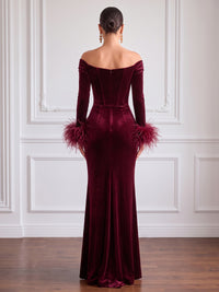 Sheath Velvet Evening Gown Floor Length Off The Shoulder V Neck Long Sleeves Elegant Formal Dress With Feather Fur High Slit