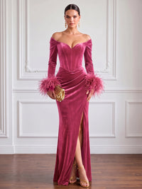 Sheath Velvet Evening Gown Floor Length Off The Shoulder V Neck Long Sleeves Elegant Formal Dress With Feather Fur High Slit
