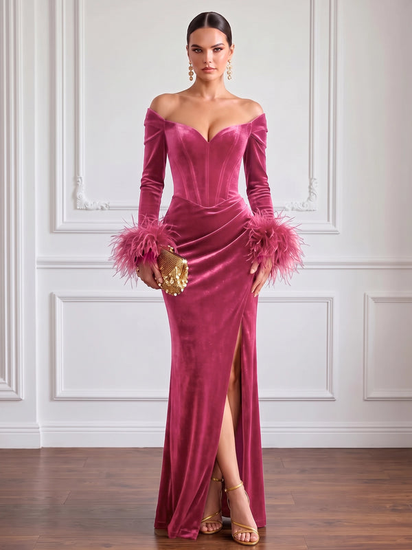 Sheath Velvet Evening Gown Floor Length Off The Shoulder V Neck Long Sleeves Elegant Formal Dress With Feather Fur High Slit