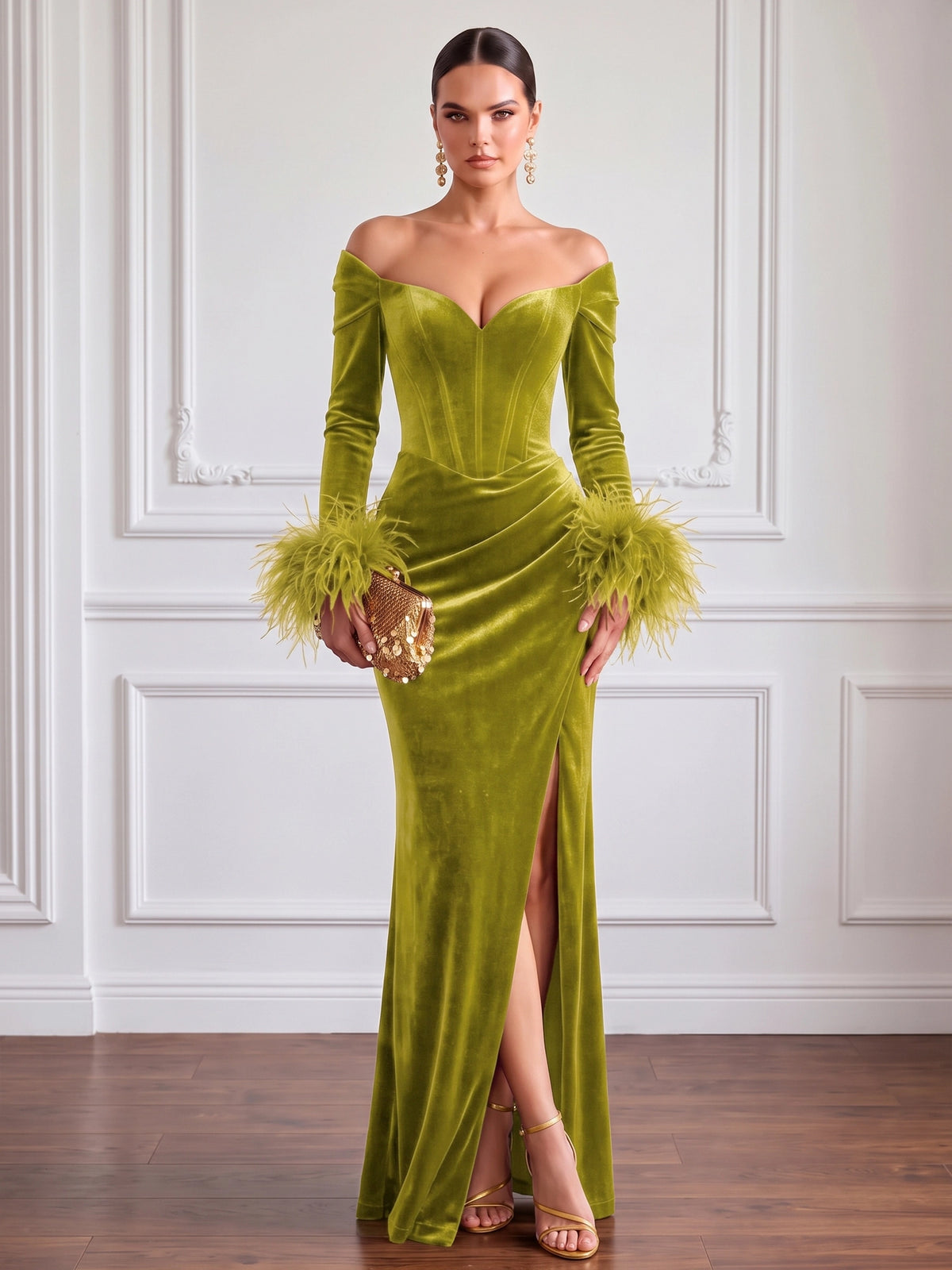 Sheath Velvet Evening Gown Floor Length Off The Shoulder V Neck Long Sleeves Elegant Formal Dress With Feather Fur High Slit