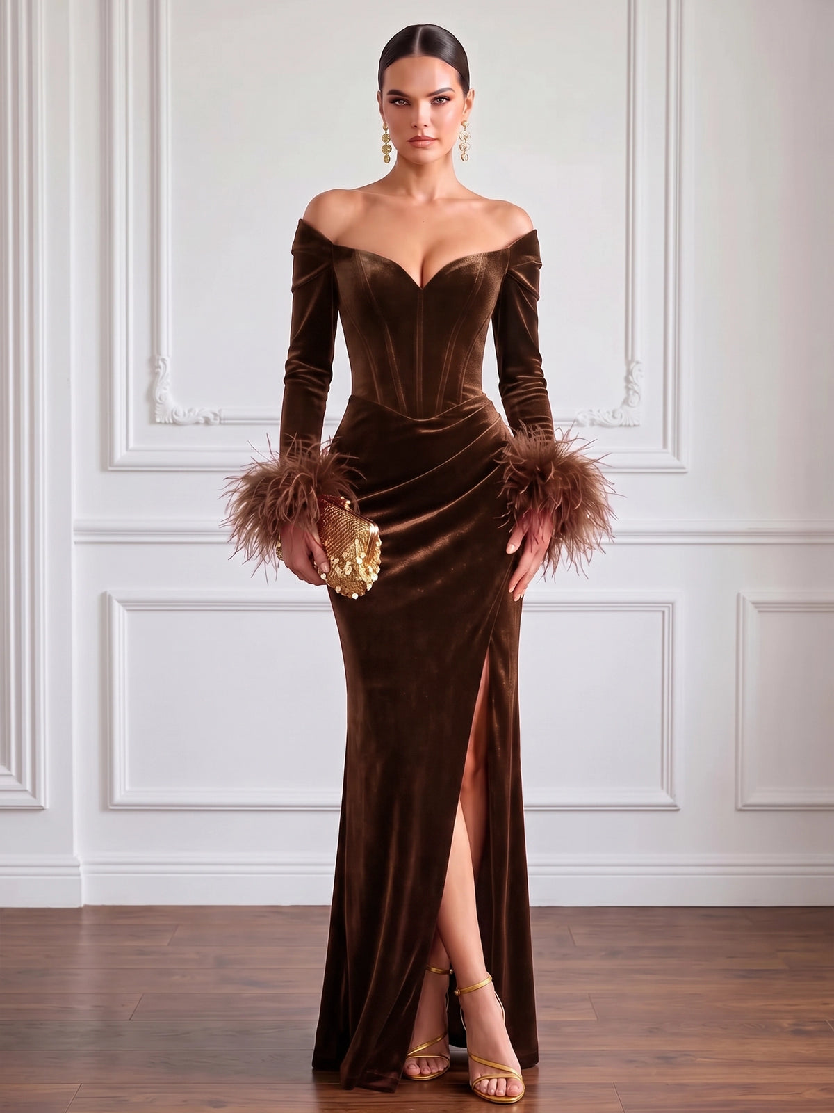 Sheath Velvet Evening Gown Floor Length Off The Shoulder V Neck Long Sleeves Elegant Formal Dress With Feather Fur High Slit