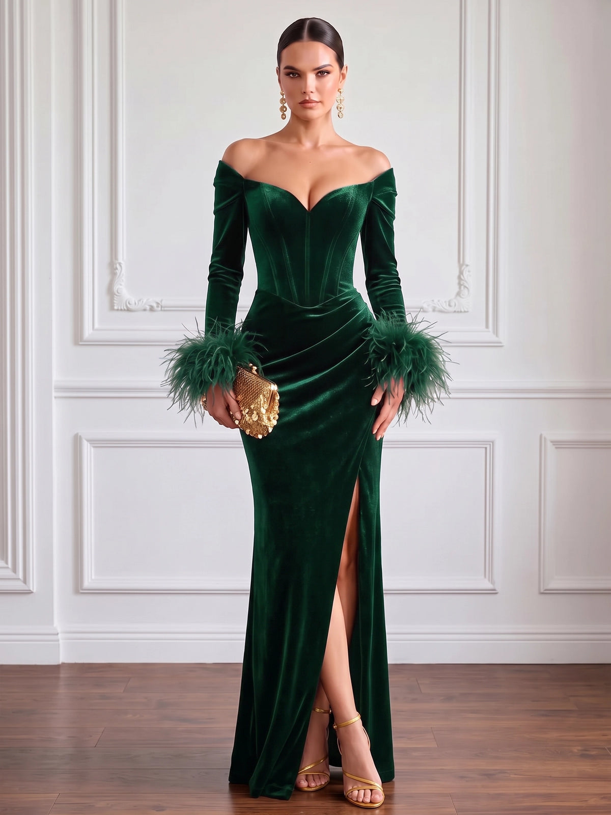 Sheath Velvet Evening Gown Floor Length Off The Shoulder V Neck Long Sleeves Elegant Formal Dress With Feather Fur High Slit