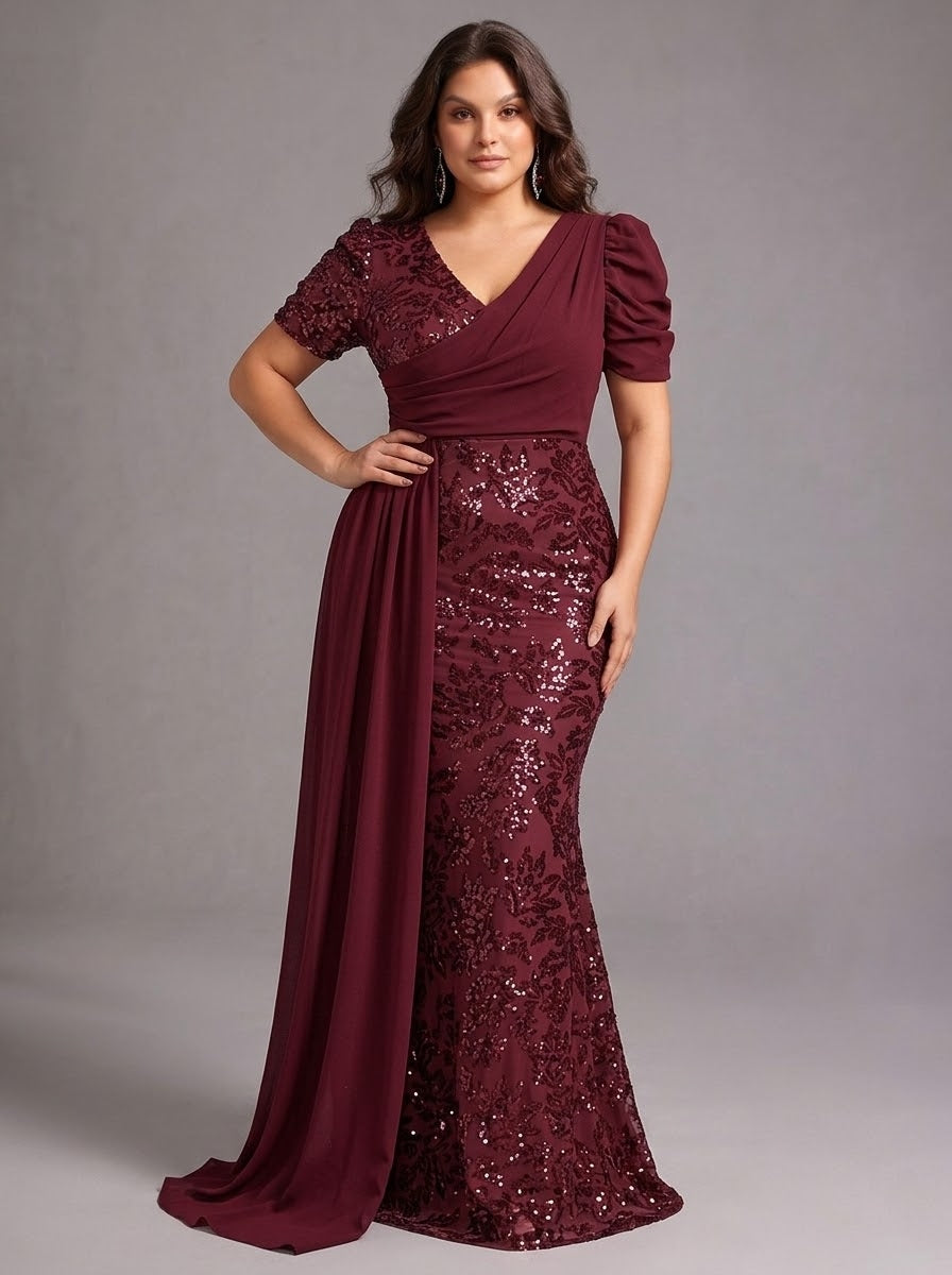 Mermaid Plus Size Evening Dresses Sequins Floor-Length V-Neck Short Sleeves Ruched Zipper Burgundy With Side Drape