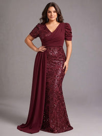 Mermaid Plus Size Evening Dresses Sequins Floor-Length V-Neck Short Sleeves Ruched Zipper Burgundy With Side Drape