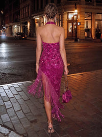 Sheath/Column Party Formal Finged Dress Halter Neck Fuchsia Sequins Fringe Formal Wedding Ankle Length Sparkly Party Dress