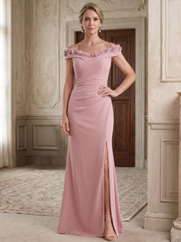 A-Line Mother Of The Bride Dresses Elegant Chiffon Floor-Length Sleeveless Off-The-Shoulder Ruched 3D Flower Zipper With Slit