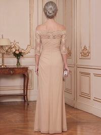 A-Line Mother Of The Bride Dresses Champagne Lace Elegant Chiffon Floor-Length Long Sleeves Off The Shoulder Ruched Zipper Dress