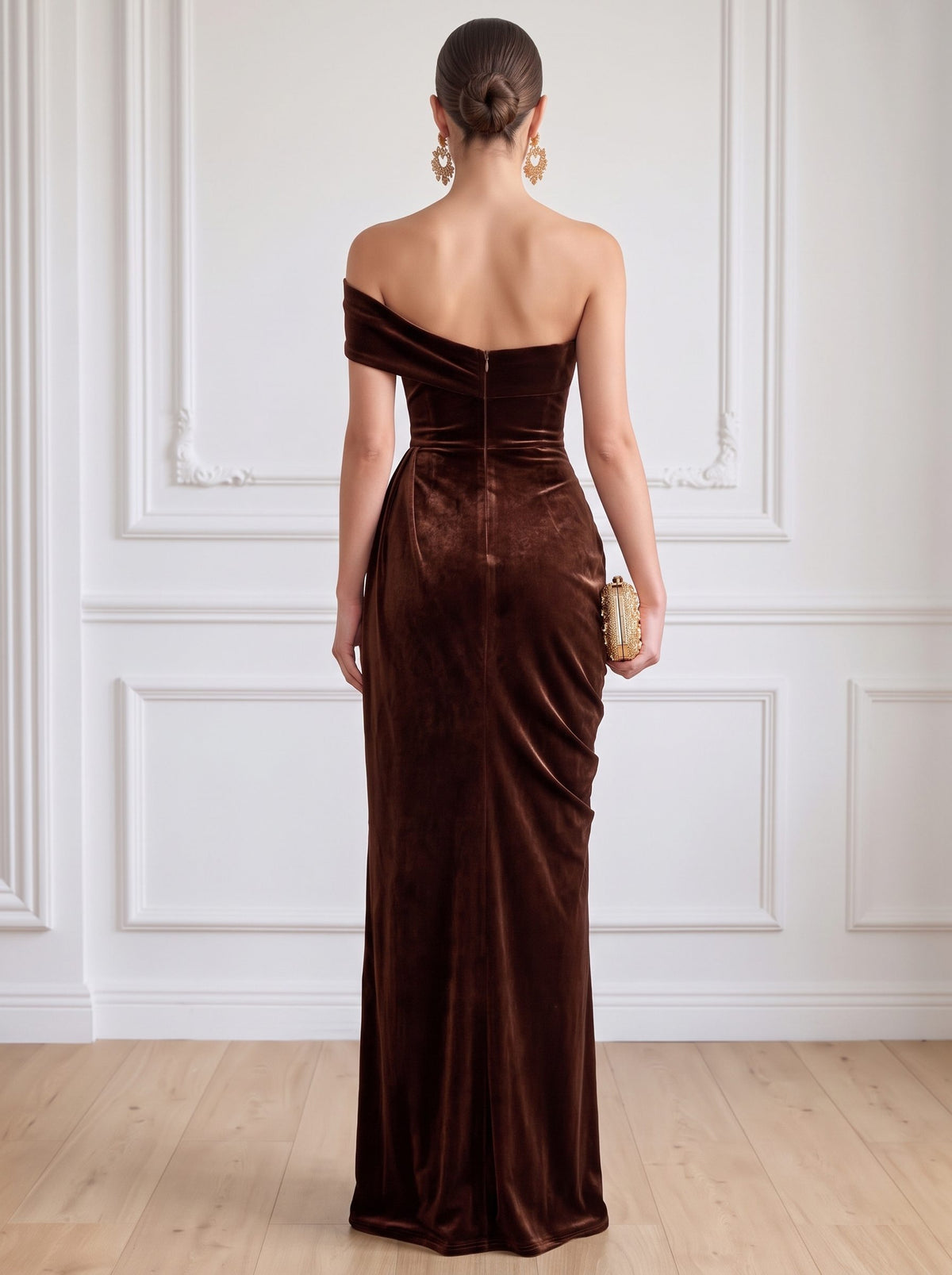 Sheath Velvet Evening Gown Floor Length One Shoulder Runched Brown Sleeveless Elegant Formal Wedding Guest Dress With High Slit