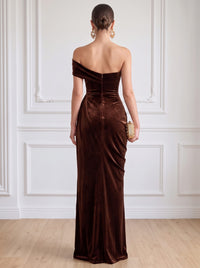 Sheath Velvet Evening Gown Floor Length One Shoulder Runched Brown Sleeveless Elegant Formal Wedding Guest Dress With High Slit