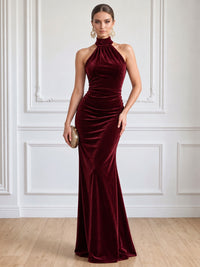 Mermaid Velvet Evening Gown Floor Length High Halter Neck Runched Burgundy Sleeveless Elegant Formal Wedding Guest Dress