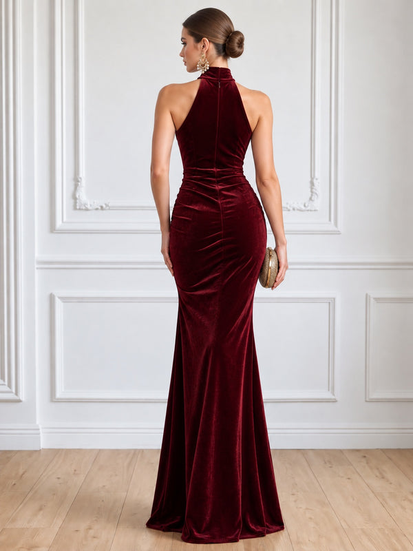Mermaid Velvet Evening Gown Floor Length High Halter Neck Runched Burgundy Sleeveless Elegant Formal Wedding Guest Dress