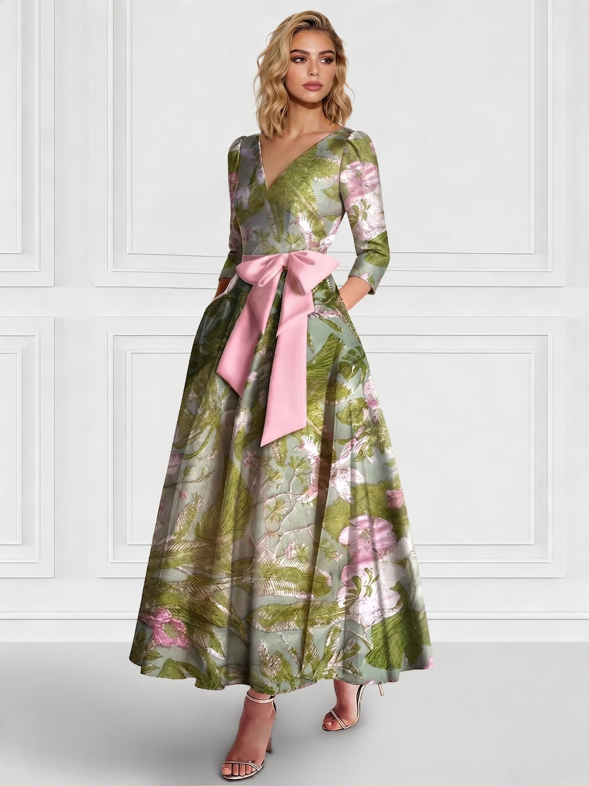 A-Line/Princess Cocktail Dresses Satin Jaquard Floral Formal V Neck Long Sleeves Tea Length With Bowknot Pocket
