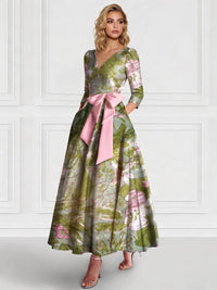 A-Line/Princess Cocktail Dresses Satin Jaquard Floral Formal V Neck Long Sleeves Tea Length With Bowknot Pocket