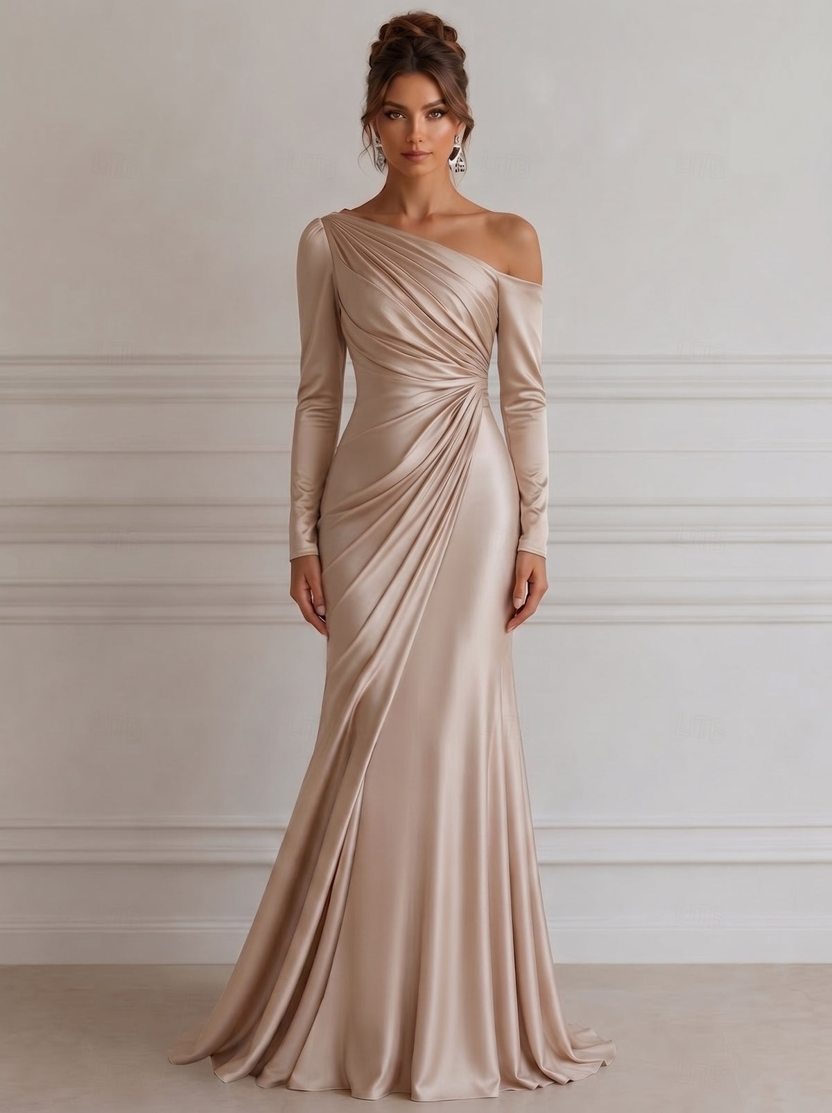 A Line/Princesses Evening Dresses Ruched Champagne Satin One Shoulder Long Sleeves Floor-Length Formal Maxi Dress Wedding Guest Dress